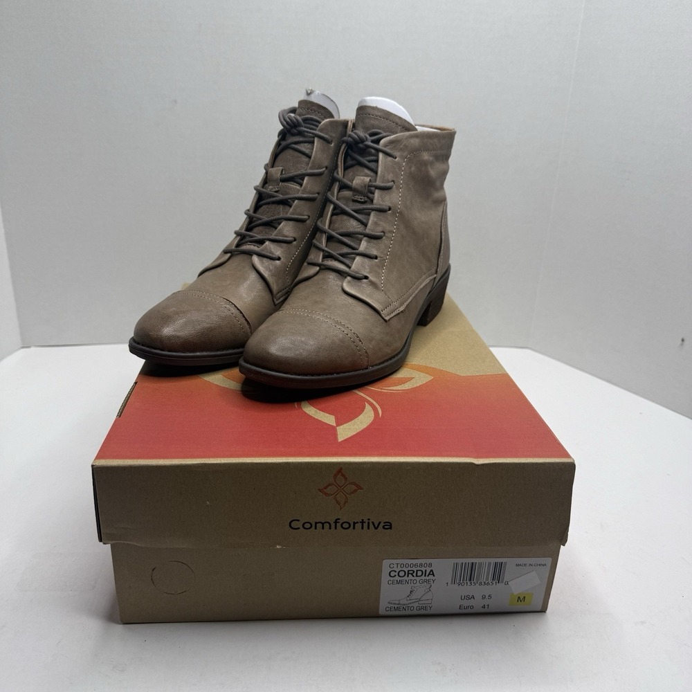 Comfortiva Cordia Women’s 9.5M Cemento Grey Leather Cap Toe Ankle Boots New